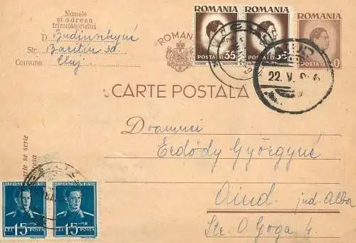 Romania postal card royalty franking stamps Aiud 1946