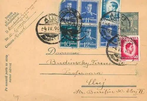 Romania postal card royalty franking stamps Cluj 1946