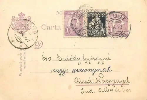 Romania postal card royalty franking stamps 1927 Aiud