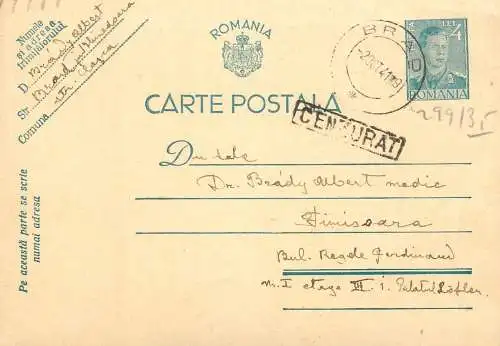 Romania postal card royalty franking stamps 1935 Timisoara Censored