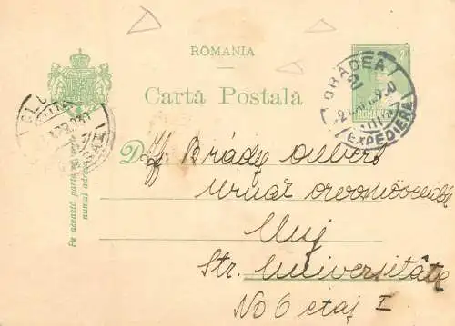 Romania postal card royalty franking stamps 1930 Cluj