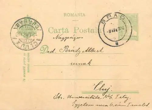 Romania postal card royalty franking stamps 1920 Cluj