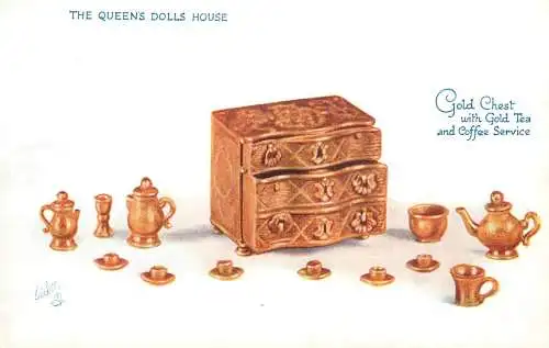 Raphael Tuck & Sons' Oilette Postcard The Queen's Dolls House Series I - Gold Chest and Gold Tea Service