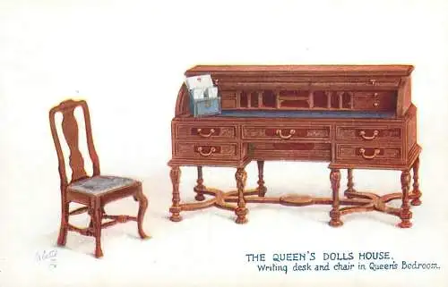 Raphael Tuck & Sons' Oilette Postcard The Queen's Dolls House Series I - Writing desk and chair in Queen's Bedroom