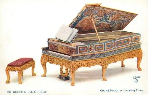 Raphael Tuck & Sons' Oilette Postcard The Queen's Dolls House Series I - Grand Piano in Drawing Room