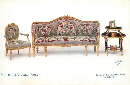 Raphael Tuck & Sons' Oilette Postcard The Queen's Dolls House Series I -  Drawing Room Furniture