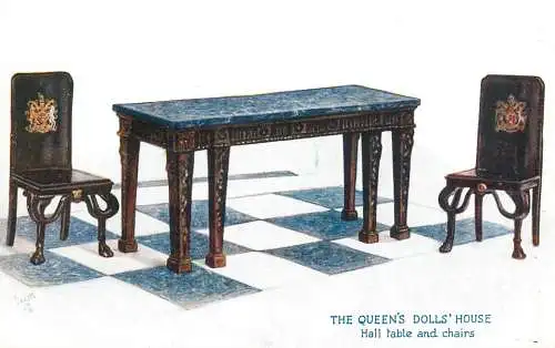 Raphael Tuck & Sons' Oilette Postcard The Queen's Dolls House Series I -  Hall Table and Chairs