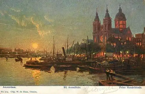 Postcard Netherlands Amsterdam Prins Hendrikkade bij Avondlicht