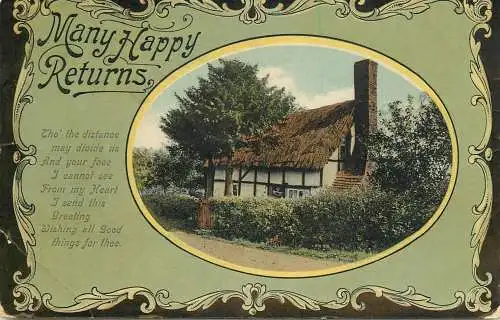 Many Happy Returns Greetings typical British cottage