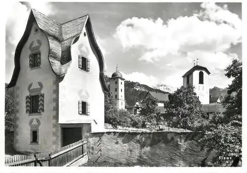 Postcard Switzerland Ilanz house clocktower