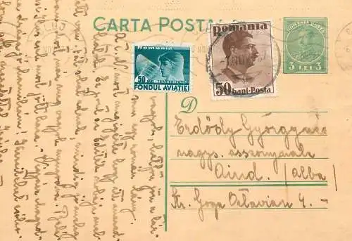 Romania postal card 1937 Aiud Cluj royalty franking stamps