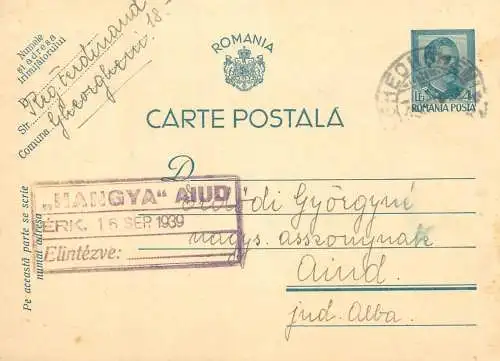 Romania postal card 1939 Aiud  royalty franking stamps