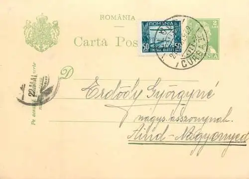 Romania postal card 1932 Aiud Cluj royalty franking stamps