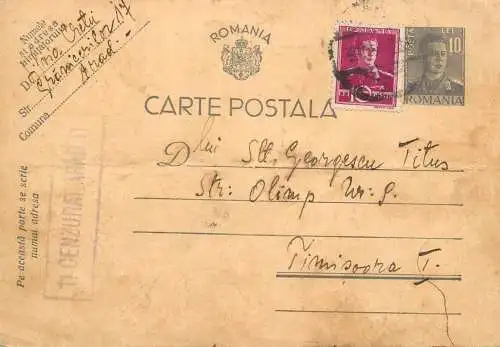 Romania postal card 1941 Timisoara royalty franking stamps