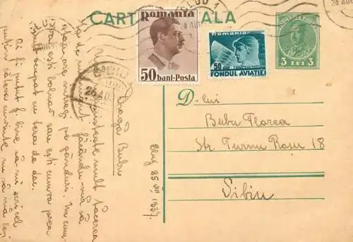Romania postal card 1937 Cluj royalty franking stamps