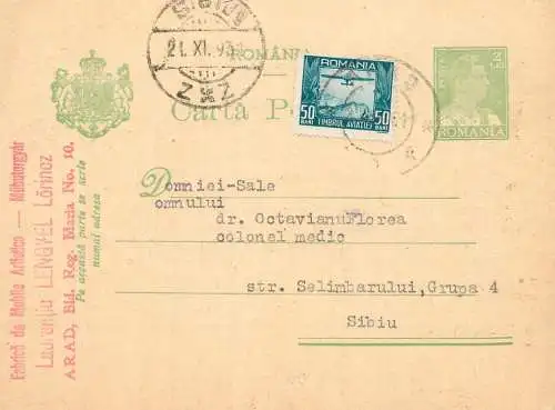 Romania postal card 1931 Sibiu Arad aviation stamp royalty franking stamps