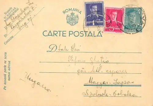 Romania postal card 1941 to Hungary royalty franking stamps