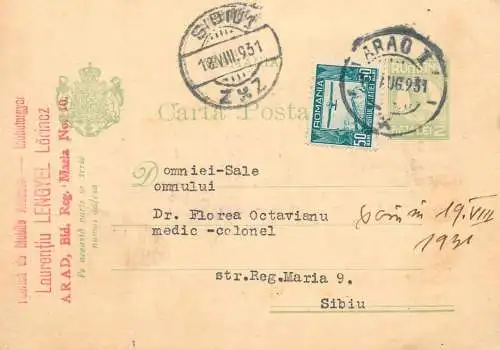 Romania postal card 1931 Sibiu Arad royalty franking stamps
