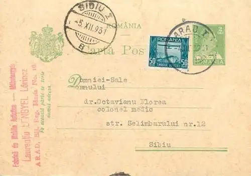 Romania postal card 1931 Sibiu Arad royalty franking stamps
