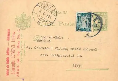 Romania postal card 1931 Sibiu Arad royalty franking stamps