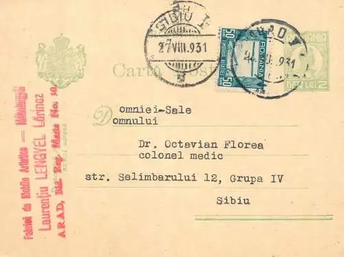 Romania postal card 1931 Sibiu royalty franking stamps