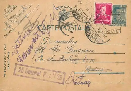 Romania postal card Cluj 1943 Cluj franking stamps CENZURAT censored