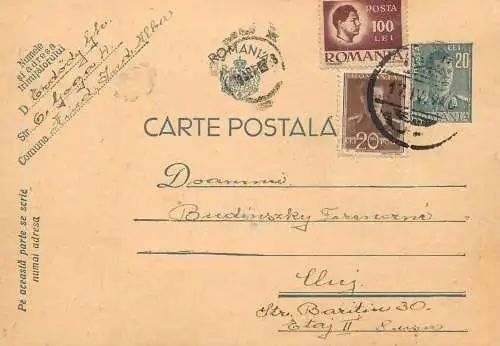 Romania postal card  Aiud 1946 Cluj royalty franking stamps