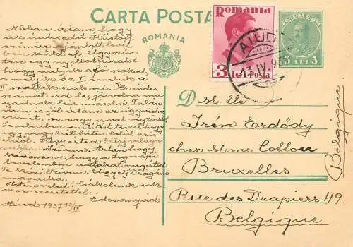Romania postal card 1937 Aiud Alba Bruxelles royalty franking stamps