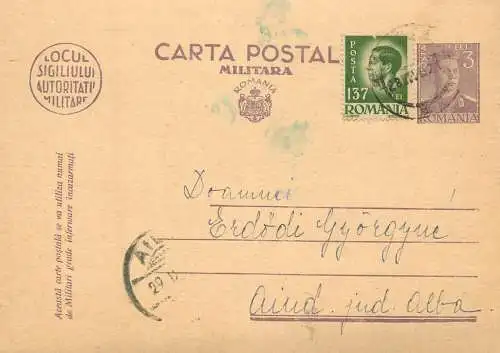 Romania postal card 1946 Aiud Alba royalty franking stamps king Mihai
