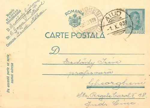 Romania postal card 1939 Gheorgheni royalty franking stamps King