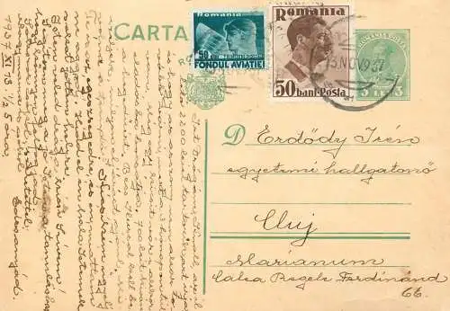Romania postal card 1937 Cluj royalty franking stamps King Mihai