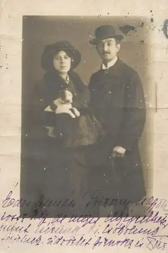 Souvenir photo postcard elegant couple hat dog puppey