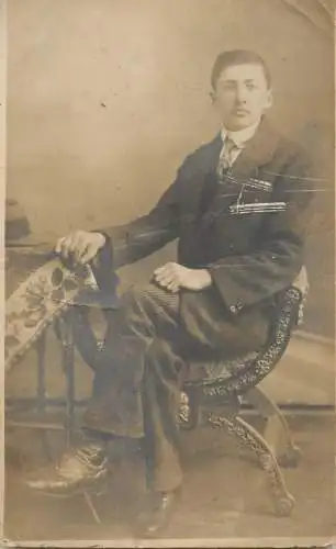 Souvenir photo postcard elegant man haircut hat Debreczen
