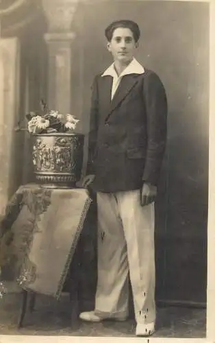 Souvenir photo postcard elegant boy haircut 1936 flower bucket