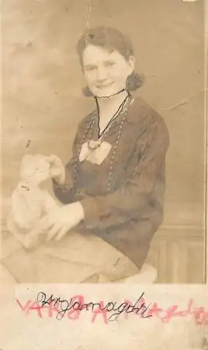 Souvenir photo postcard woman dress teddy bear locket