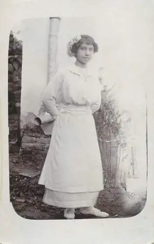 Souvenir photo postcard elegant woman white dress coiffure flower