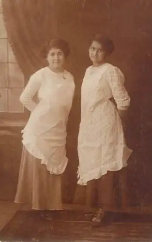 Social history souvenir photo postcard ladies dress curtains