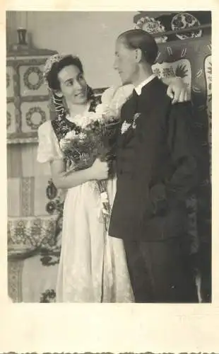 Social history souvenir photo postcard wedding bride groom