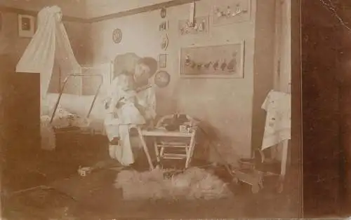 Social history souvenir photo postcard bassinet mother and baby bebe 1921