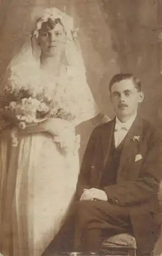 Social history souvenir photo postcard wedding couple moustache bride groom