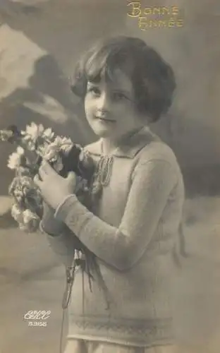 Social history souvenir photo postcard Bonne Anne flower girl