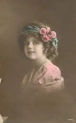 Social history souvenir photo postcard girl coiffure flower dress