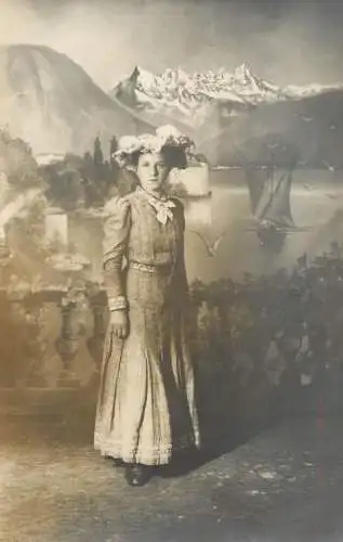 Social history souvenir photo postcard Switzerland lady dress hat sailing vessel