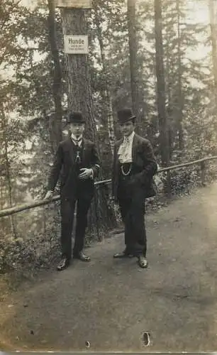 Social history souvenir photo postcard elegant men in nature hat