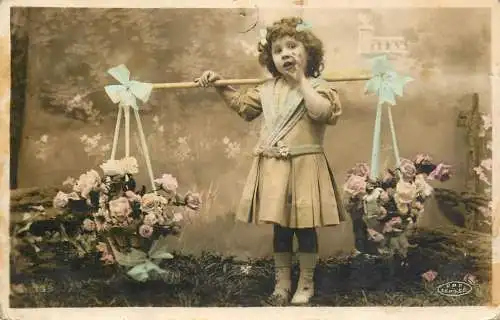 Social history souvenir photo postcard young girl dress coiffure flower baskets