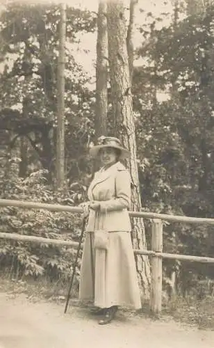 Social history souvenir photo postcard lady dress hat forest 1918