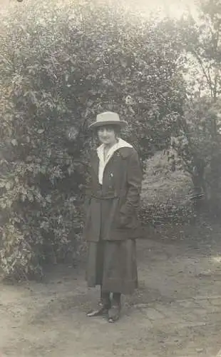 Social history souvenir photo postcard lady dress hat forest