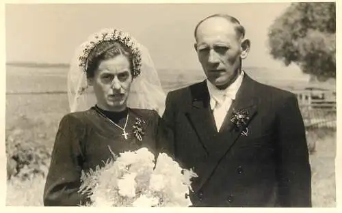 Marriage family social history wedding souvenir real photo bride veil flowers nature