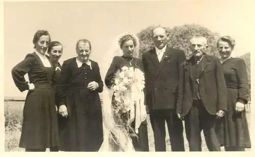 Marriage family social history wedding souvenir real photo bride veil flowers nature