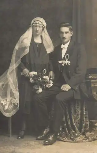 Marriage family social history wedding souvenir real photo bride veil